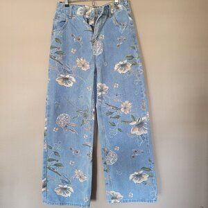 Floral Blue Jeans, Wide Leg - Size M